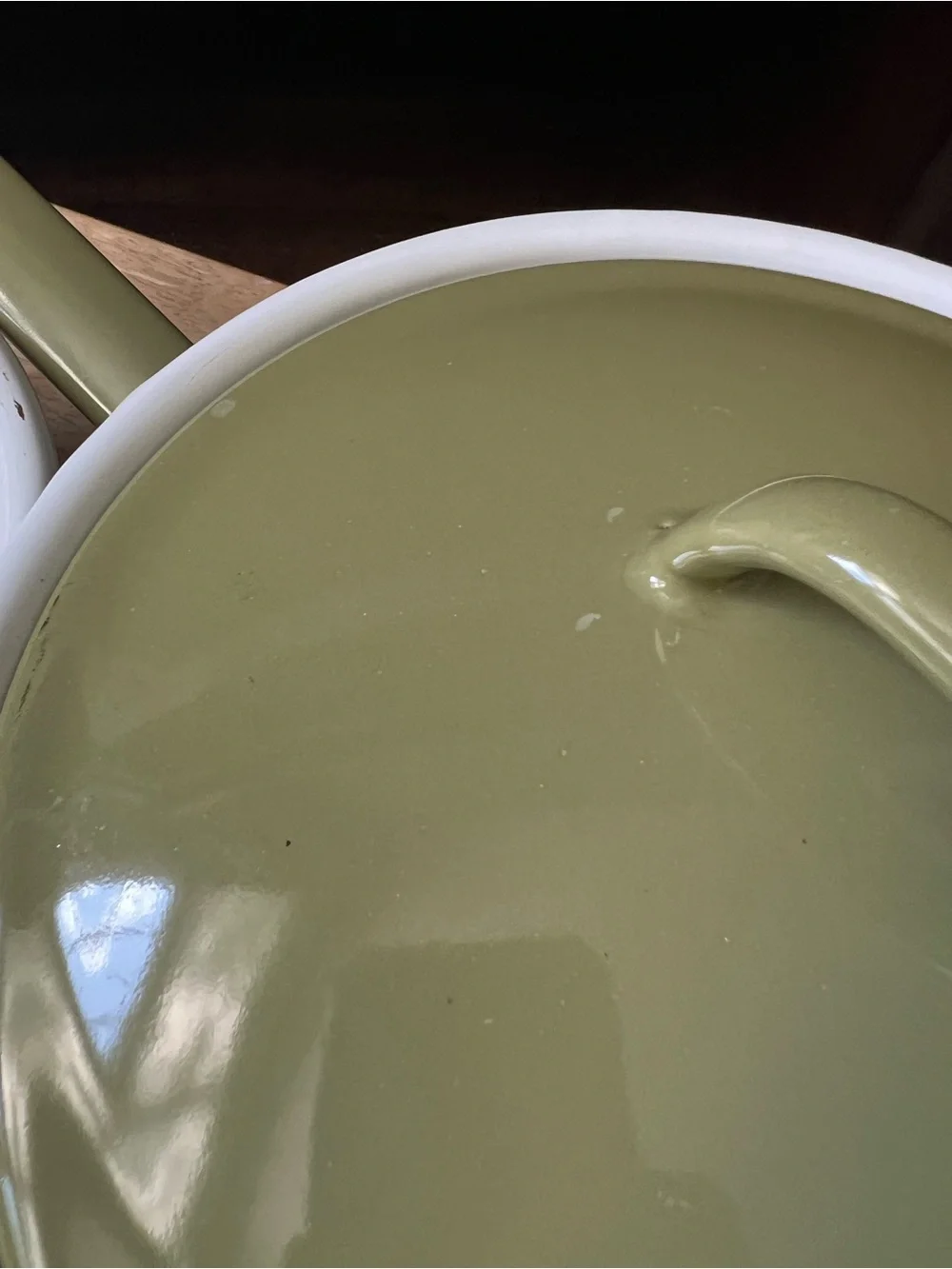 Vintage Avocado Green Enamel Over Metal Saucepans w/ 1 Lid Italian Made 1qt/2qt